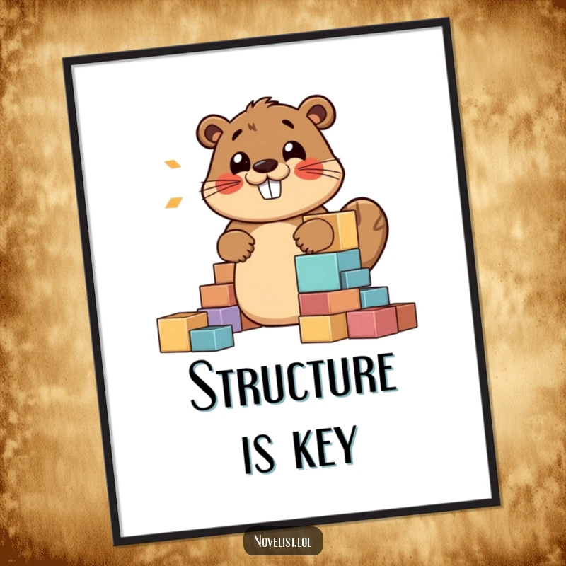 Funny poster art of a jovial beaver happily constructing a story with building blocks, emitting a cheerful hum, ideal wall decor for creatives.
