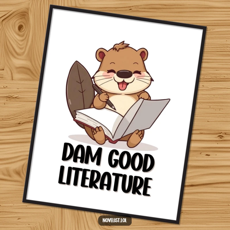 Funny Beaver Poster: A busy beaver with a quill pen excitedly scribbling in a large book, adding artistic inspiration.