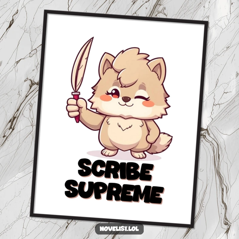 Funny poster of a confident furry character holding a quill pen aloft, symbolizing creative writing and literary ambition.