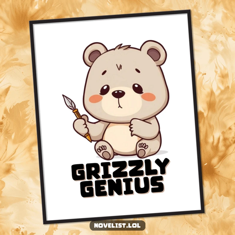 Funny Poster print of a determined bear holding a quill pen high, deep in thought, embodying the spirit of literary creation.