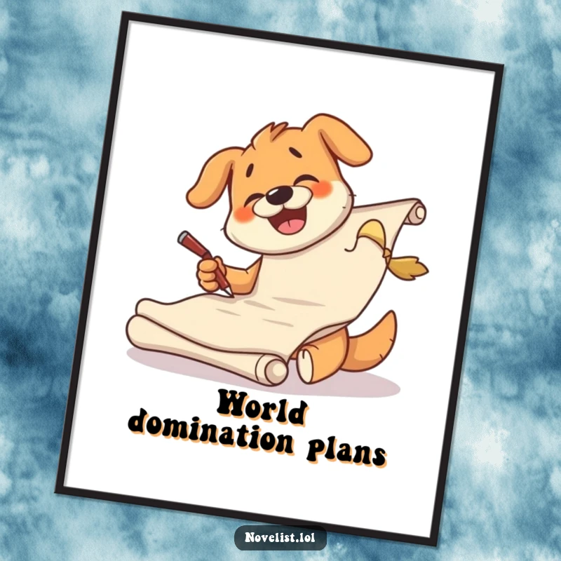 Funny dog poster featuring a giggling character's intense scribbling on a vast scroll, a humorous take on artistic endeavors.