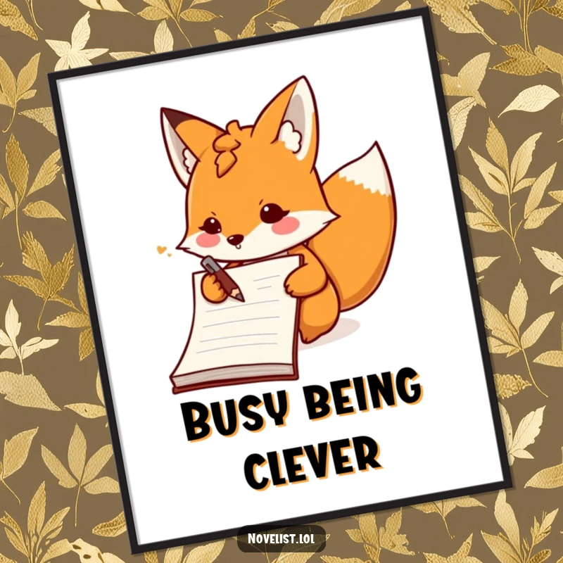 Funny determined fox character enthusiastically scribbling in a giant notebook on a vibrant poster, celebrating productive humor.