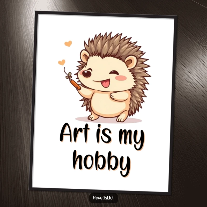 Funny poster art of a small hedgehog gleefully adding a flourish to a drawing, perfect for adding a touch of artistic humor.