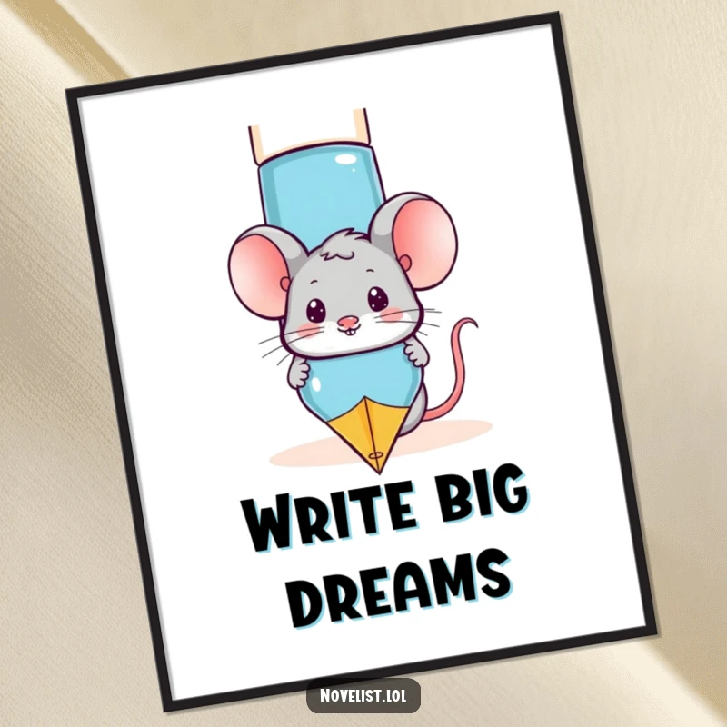 Funny mouse character peeking out from behind a large fountain pen, whimsical wall art for a humorous home.