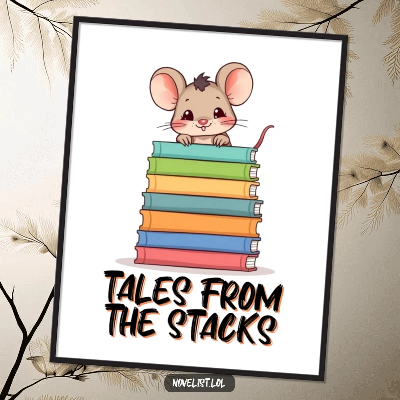Funny poster art of a mischievous mouse peeking over a stack of storybooks, adding a touch of playful charm to any wall.