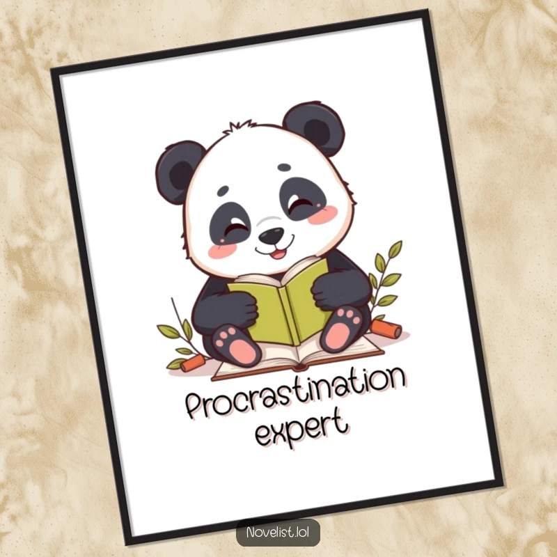Funny poster illustrating a smiling panda character writing a story, perfect for inspiring writers and decorating study spaces.