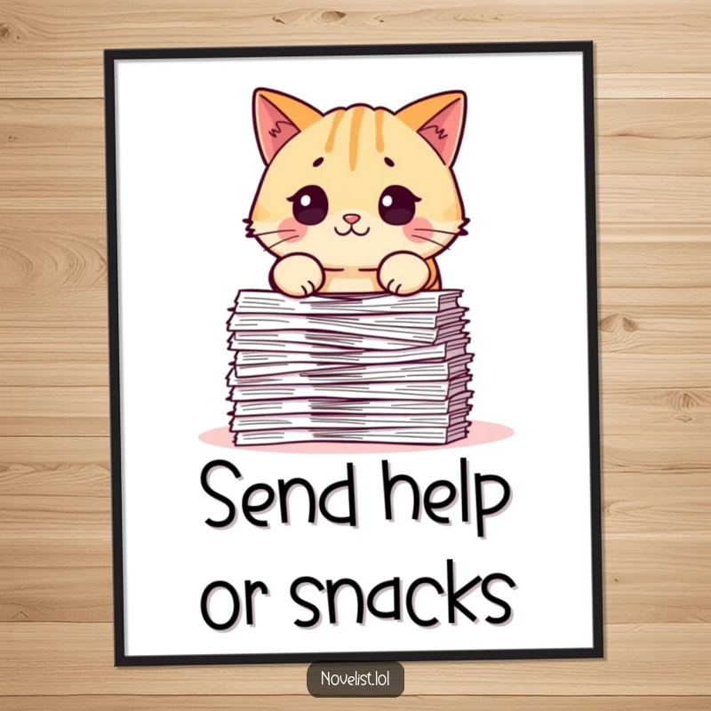 Funny poster print of a plump cat character looking utterly surprised and overwhelmed by a towering stack of documents, adding humor to decor.