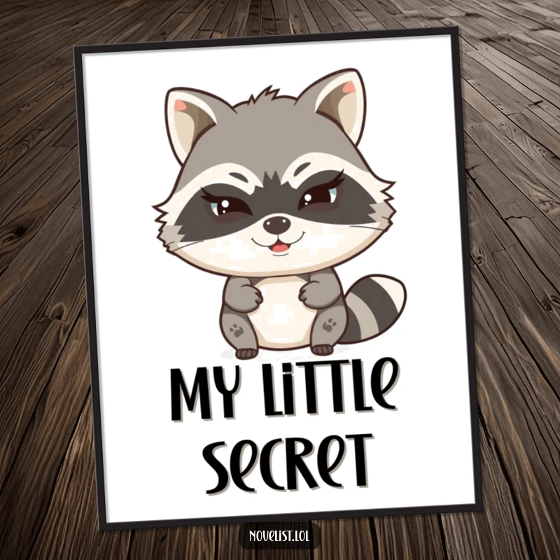 Funny poster art of a witty raccoon character typing with a mischievous wink, hinting at a secret story, ideal for writers' walls.