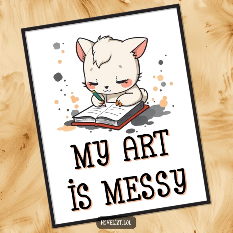 Funny poster featuring a whimsical animal character scribbling furiously in a notebook, surrounded by humorous ink splotches, creating vibrant art.