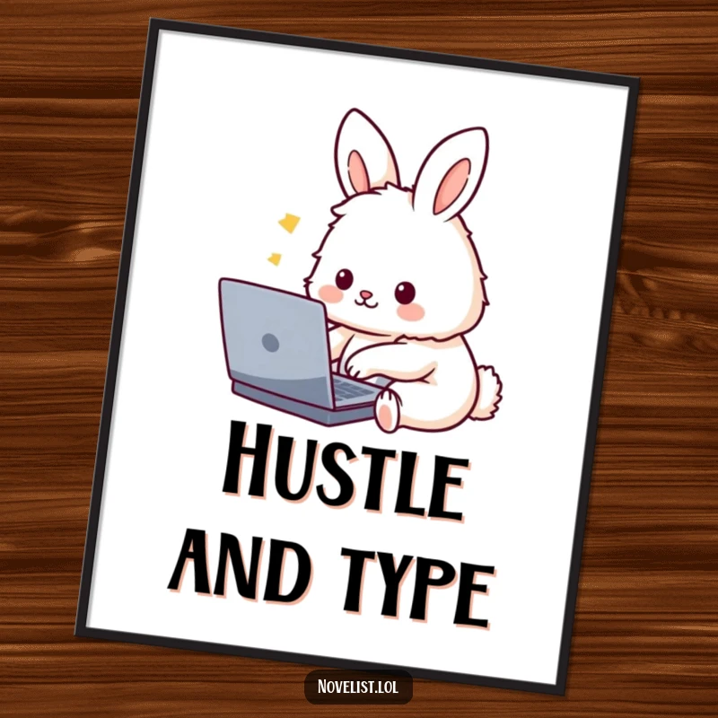 Funny Poster: A cute, fluffy rabbit character diligently typing on a laptop, creating a humorous and engaging piece of wall art for any workspace.