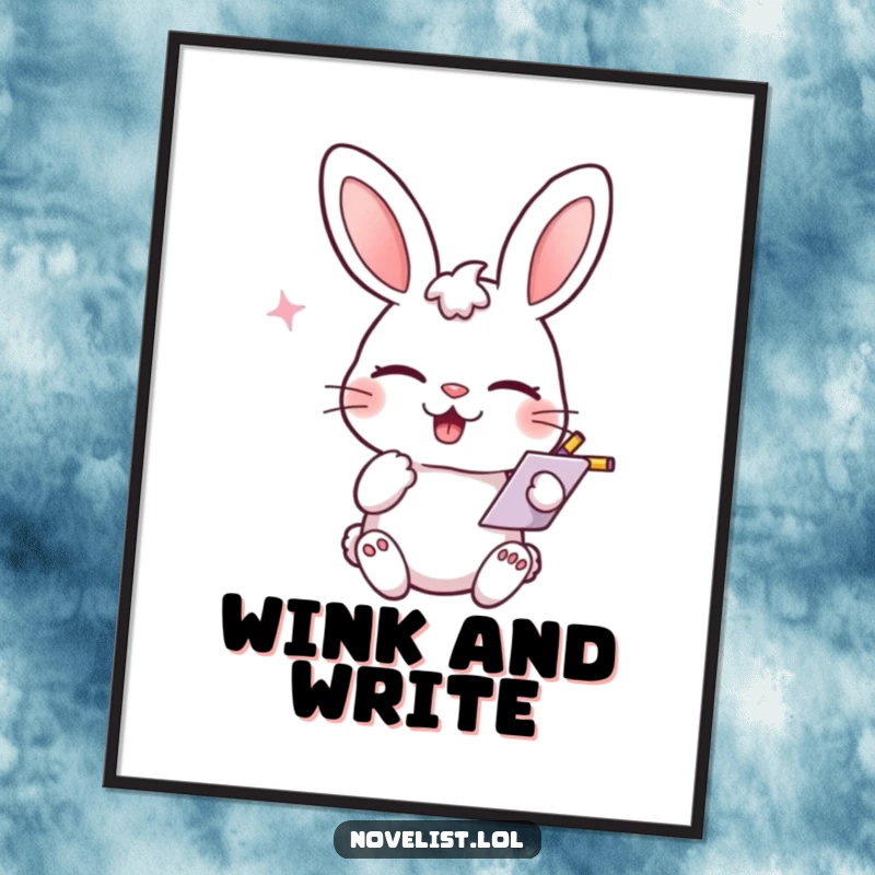 Funny wall poster, winking rabbit scribbling notes, playful smirk, cheerful and humorous decor for funny gift enthusiasts.