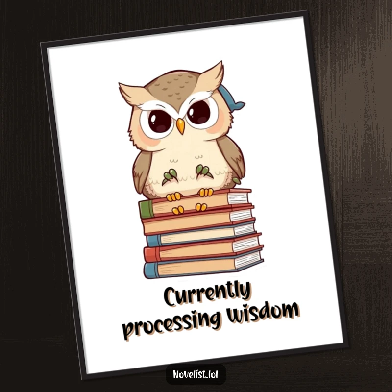 Funny wise owl character deep in thought with a stack of books on a vibrant poster, celebrating intellectual humor.