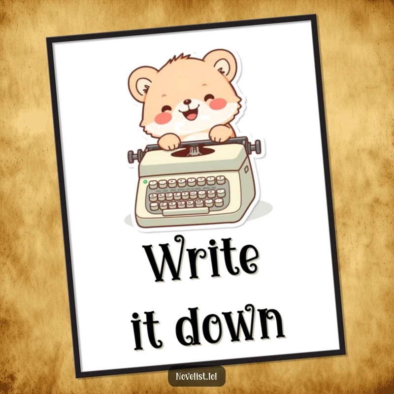 Funny poster of a cute, fuzzy animal joyfully typing on a vintage typewriter, evoking a sense of nostalgic creativity.