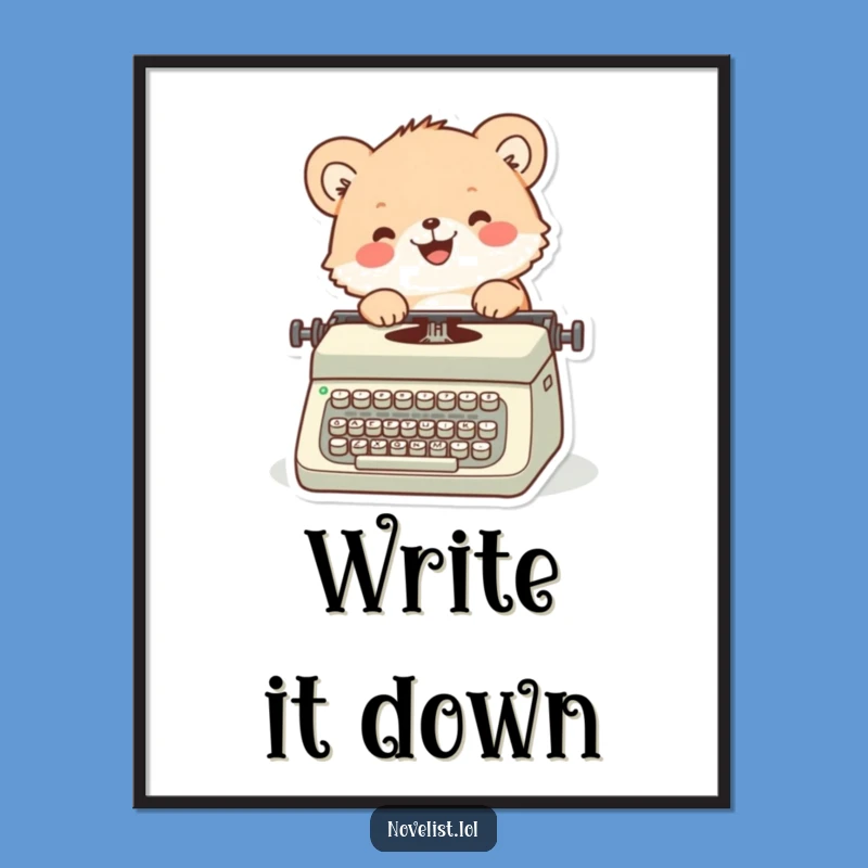 Funny Writing Muse Poster: Fuzzy animal typing, inspiring wall art gift.