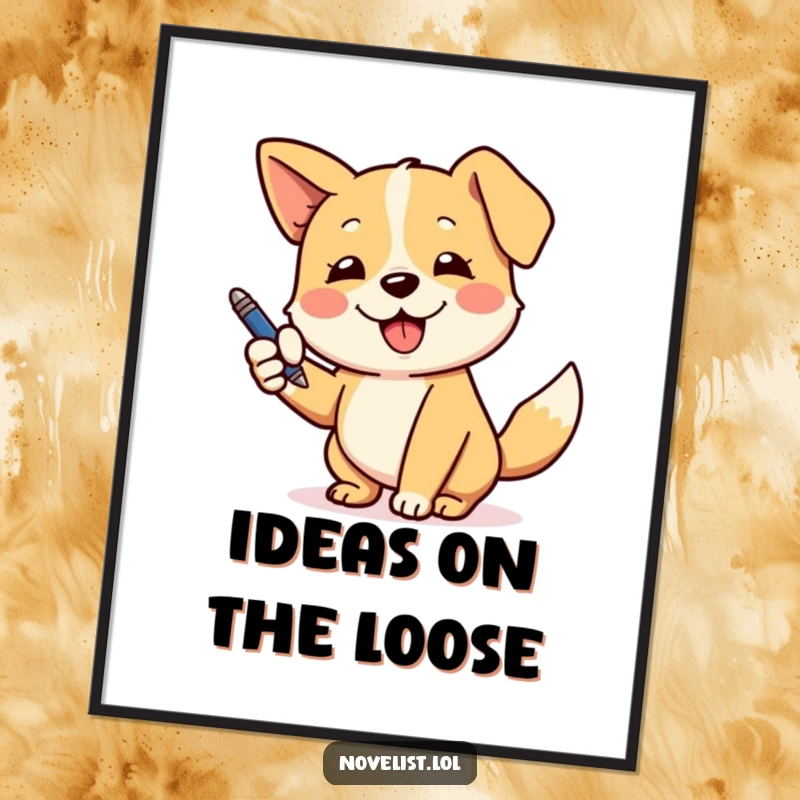 Funny poster art of an energetic dog wagging its tail while making a grand gesture with a pen.