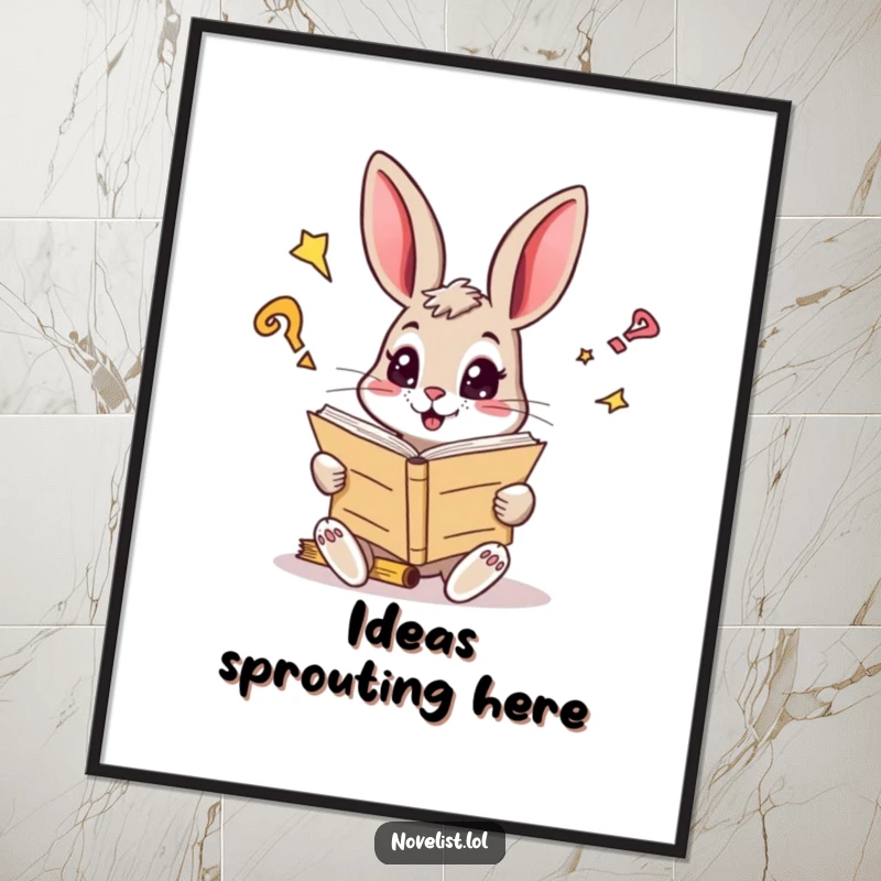 Funny poster of a curious rabbit with sparkling eyes reading a giant manuscript, inspiring literary art.