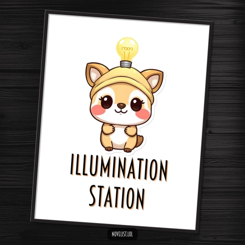 Funny poster of a small animal wearing a thinking cap, with a brightly glowing lightbulb, symbolizing genius and bright thinking.