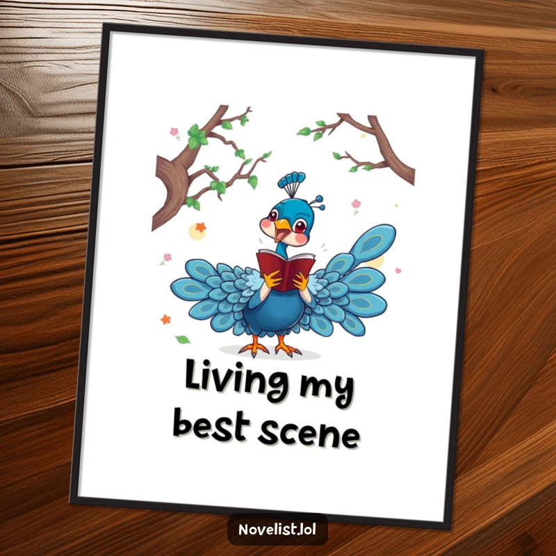 Funny poster art featuring a dramatic peacock acting out a scene from a novel, perfect wall decor for theater and book lovers.