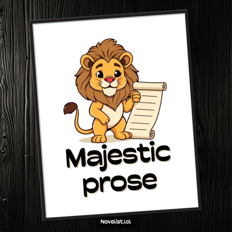 Funny poster featuring a proud lion standing in a regal pose next to a flowing manuscript. Majestic and humorous wall art.