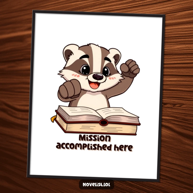Funny cheerful badger character triumphantly striking a written page with a fist on a vibrant poster, celebrating decisive humor.