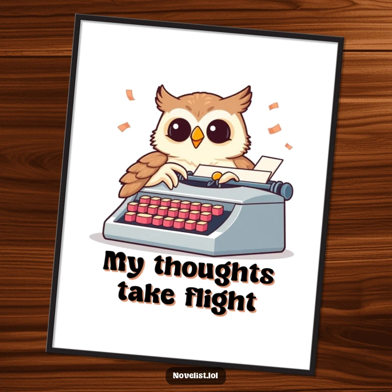 Funny poster of a wise owl pecking a typewriter with keys flying everywhere, capturing energetic writing.