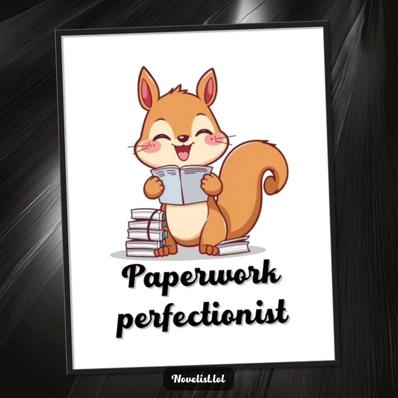 Funny Poster: Diligent squirrel gleefully organizing paper stacks, perfect for motivational wall art, a perfect funny gift.