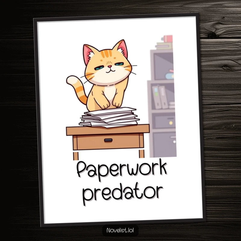 Funny wall poster, determined cat jumping onto desk, pile of papers, office humor, relatable art for funny gift enthusiasts.