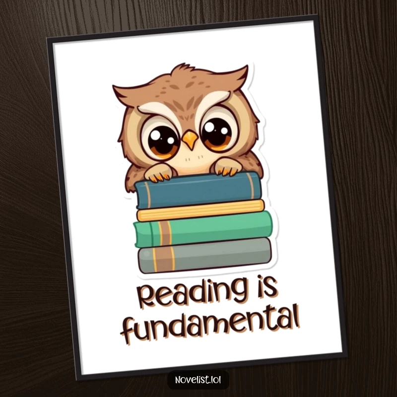 Funny wall poster, cute owl peeking over books, wide wise eyes, intellectual and humorous decor for funny gift enthusiasts.