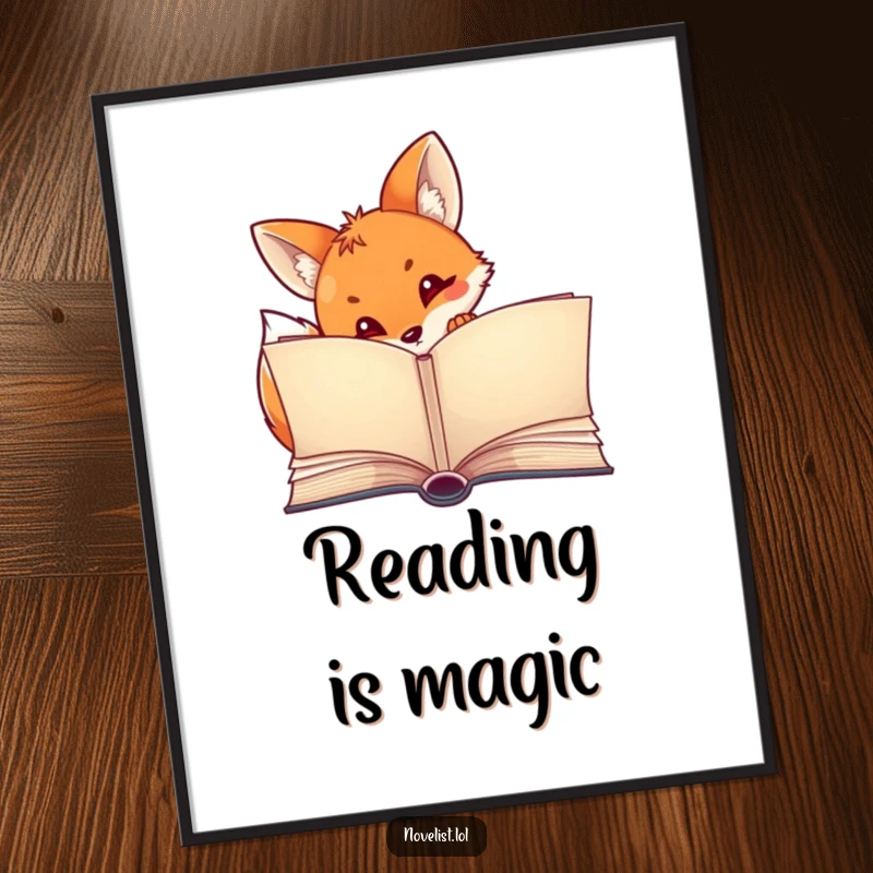 Funny poster print of a curious fox peeking out from behind a large, open storybook, creating a whimsical and inviting scene.