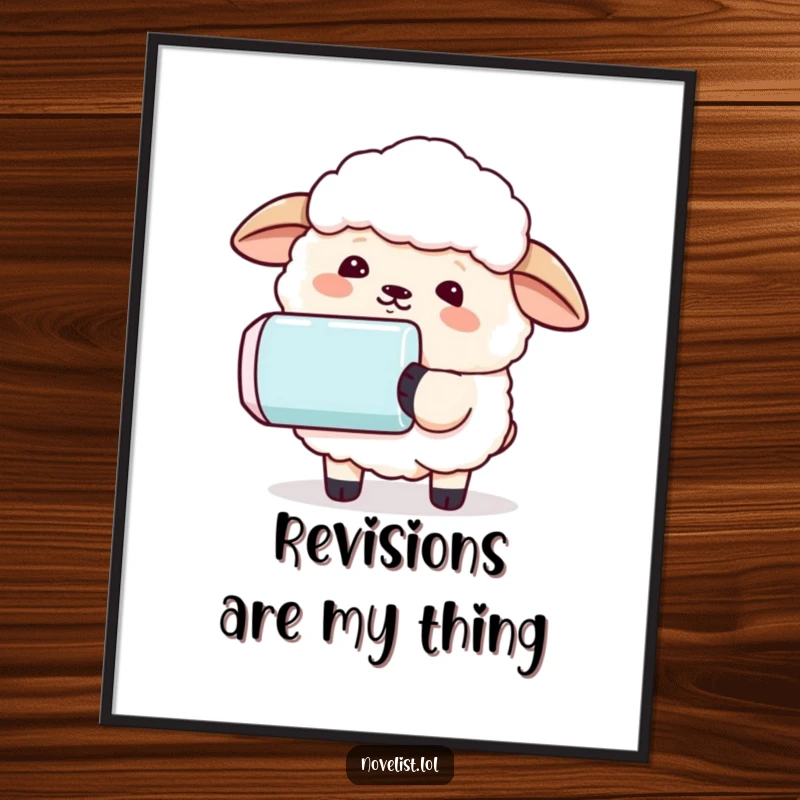 Funny poster art of a sheep using a comically large eraser to remove a sentence, perfect for adding humorous wall decor.