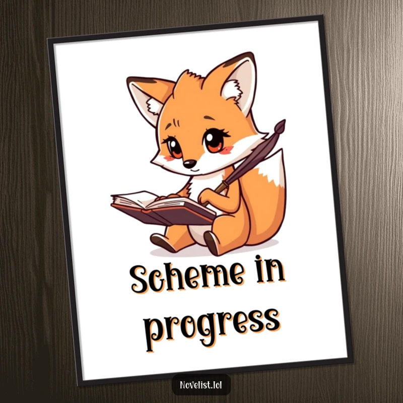 Funny poster of a creative fox with a focused gaze, scribbling notes with a quill, an inspirational funny gift.