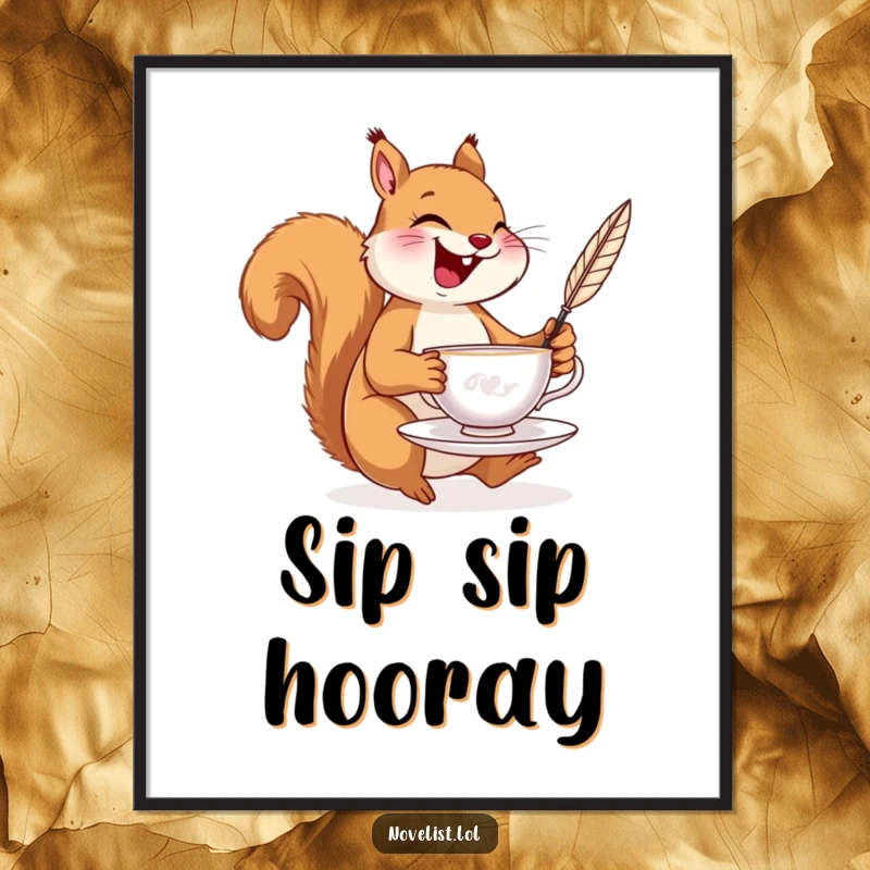 Funny poster art of a laughing squirrel balancing a teacup and a quill pen, perfect for adding whimsical decor.