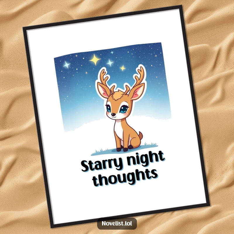 Funny Poster: Deer gazing at a starry sky, inspiration striking, perfect for calm, motivational wall art, a perfect funny gift.