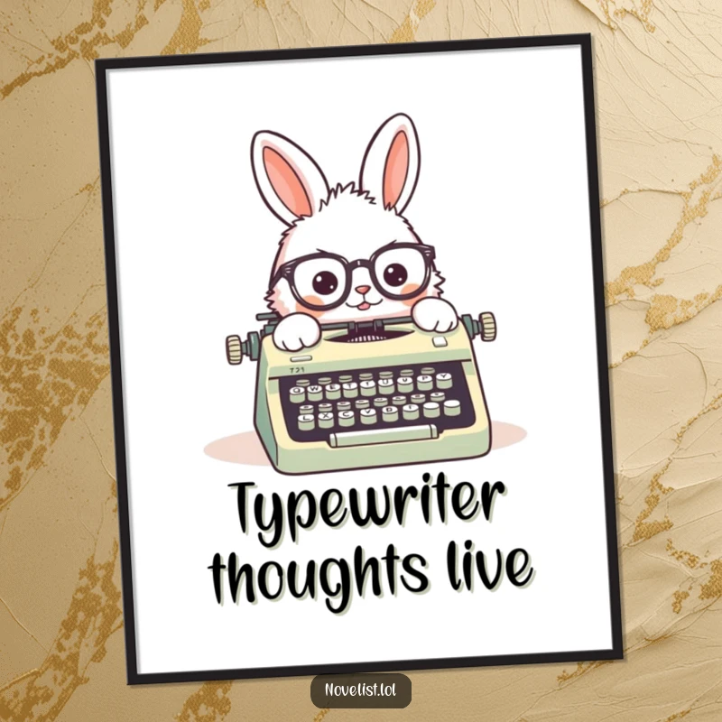 Funny poster of a fluffy rabbit wearing askew spectacles, typing on a vintage typewriter, ideal humorous decor for studies or libraries.