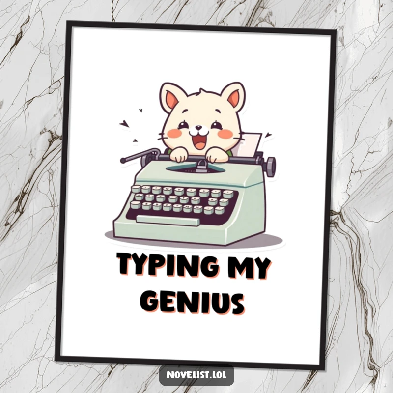 Funny poster featuring a cute animal character typing excitedly on a vintage typewriter, keys flying, creating a vibrant and humorous piece of art.