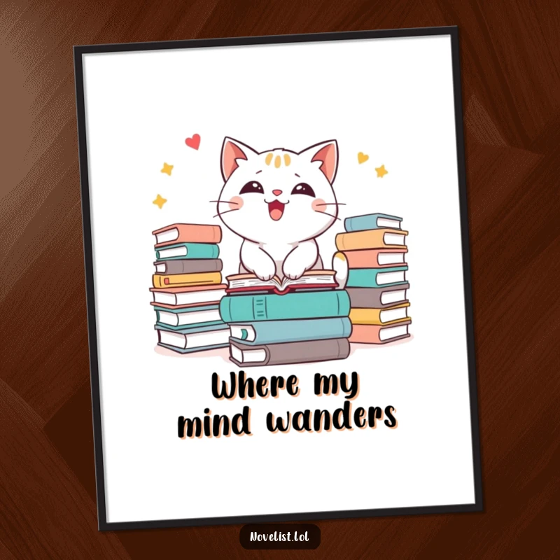 Funny cat poster art showing an excited character with stacks of books, perfect for bibliophiles and cat lovers.