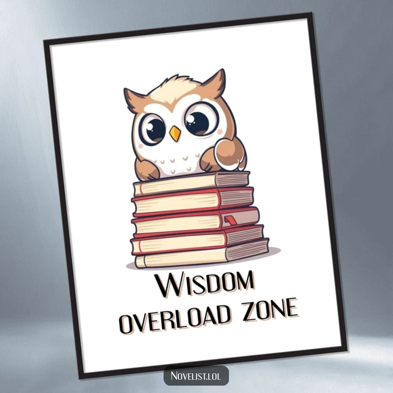 Funny poster art depicting a wide-eyed owl curiously peeking from behind a stack of old, weathered manuscripts.