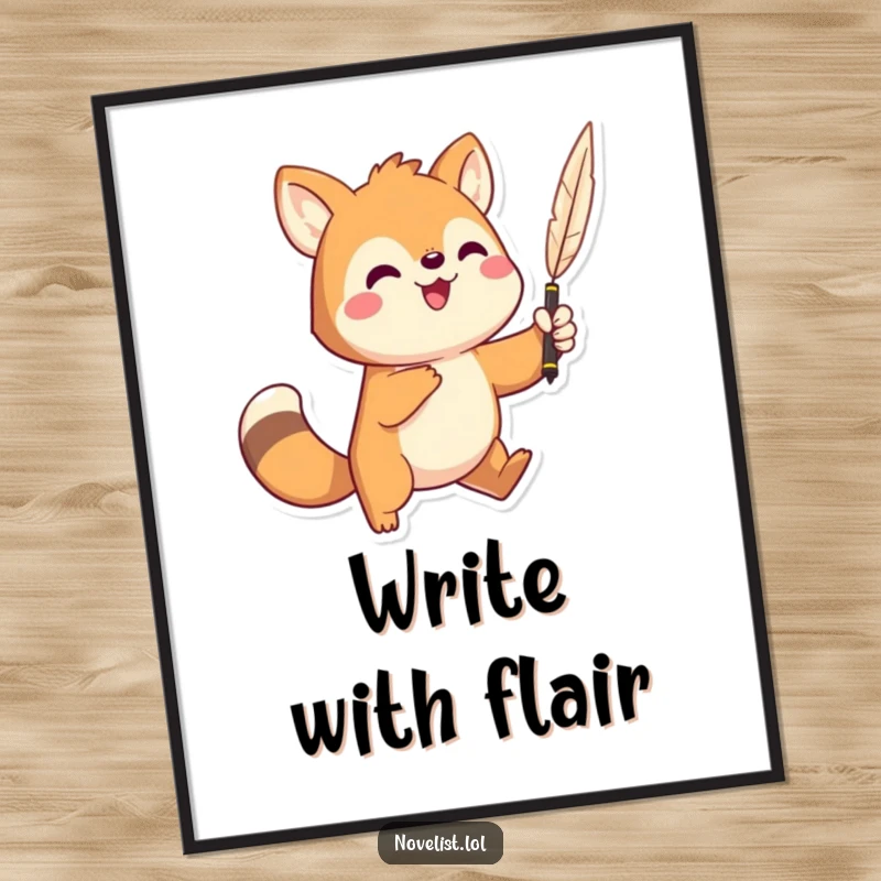 Funny poster of a playful animal in a dramatic stance, holding a quill pen high, ready to pen a legendary tale.
