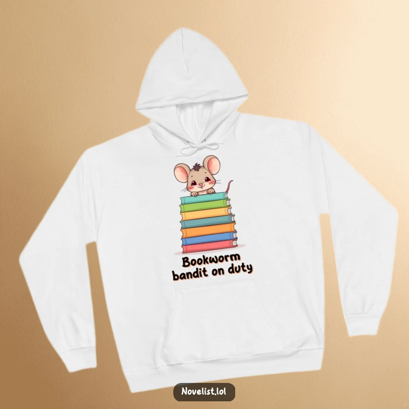 Funny and cozy hoodie with a mischievous mouse peeking over a tall stack of books, ideal for chilly reading days.