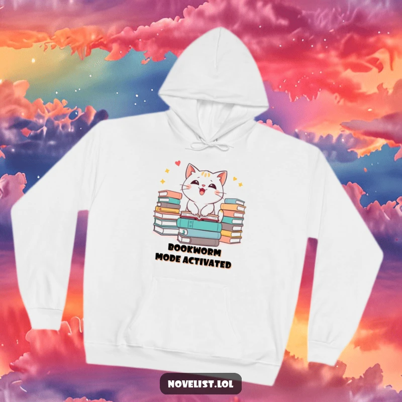 Funny cat hoodie displaying an energetic character with stacks of books, radiating excitement for a good read.