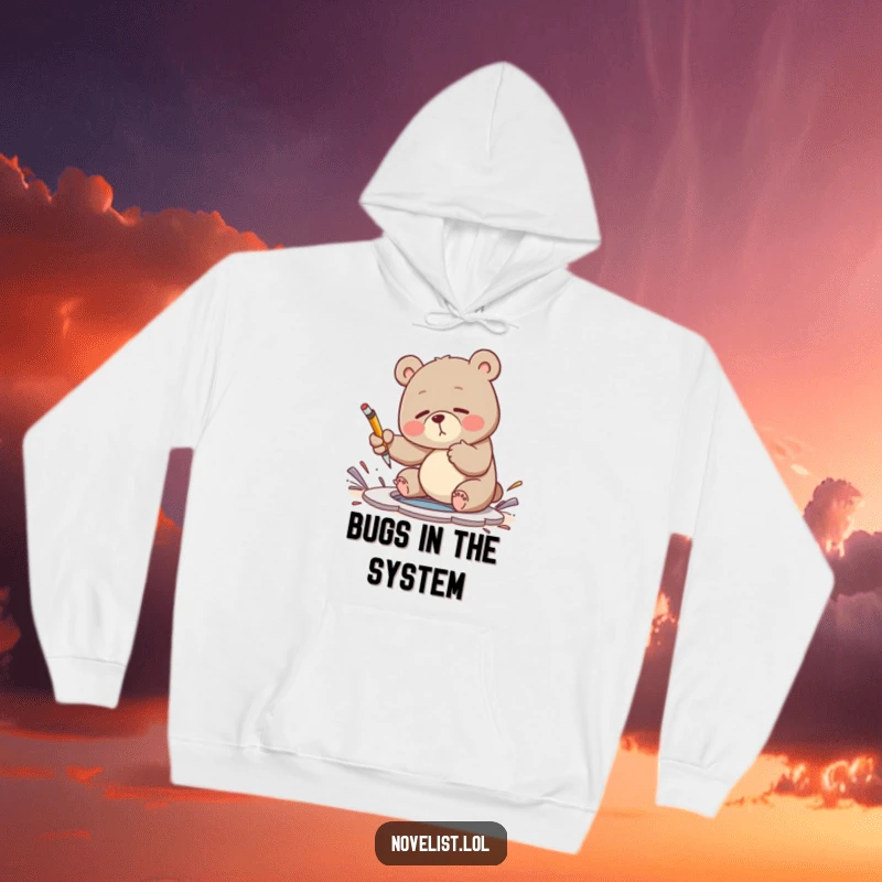Funny hoodie depicting a clumsy bear attempting to swat a metaphorical plot hole with a pen, symbolizing creative problem-solving.