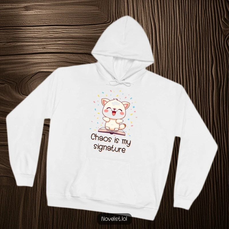 Funny hoodie depicting a cheerful animal character tossing book pages in the air like confetti, perfect for cozy, humorous wear.