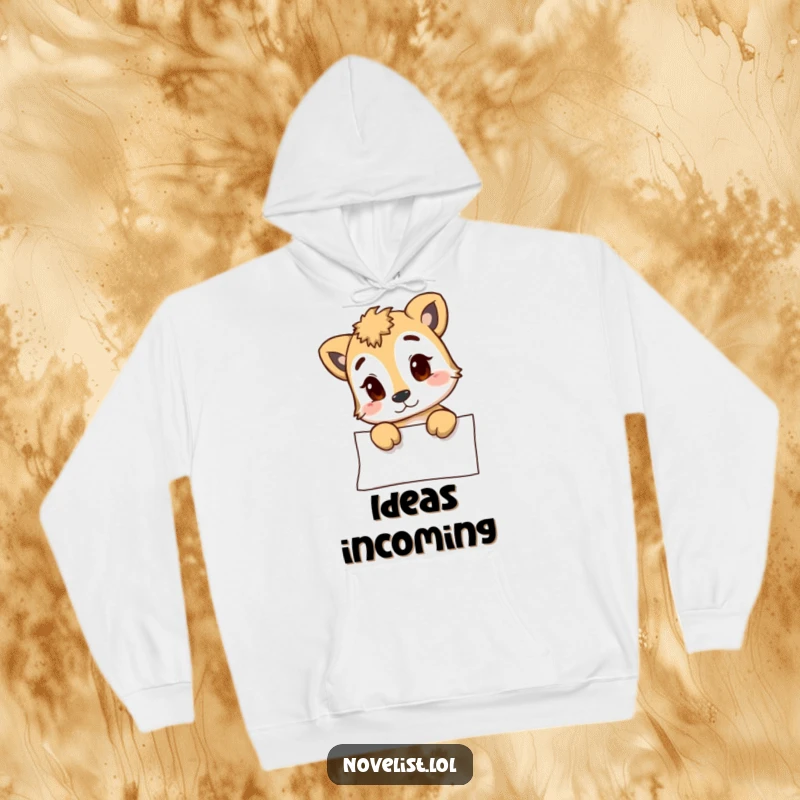 Funny hoodie with a charming animal character looking thoughtfully at a blank page, ideal for relaxing and a fantastic funny gift for ponderers.