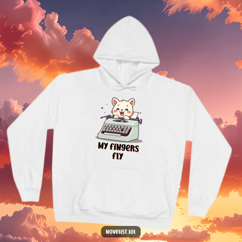 Funny hoodie depicting a cute animal character typing furiously on an old-fashioned typewriter, keys flying, for a cozy and humorous vibe.