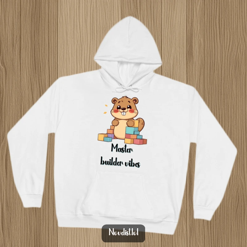 Funny hoodie with a happy beaver building a story structure out of blocks, radiating warmth and creative energy, perfect for cozy days.