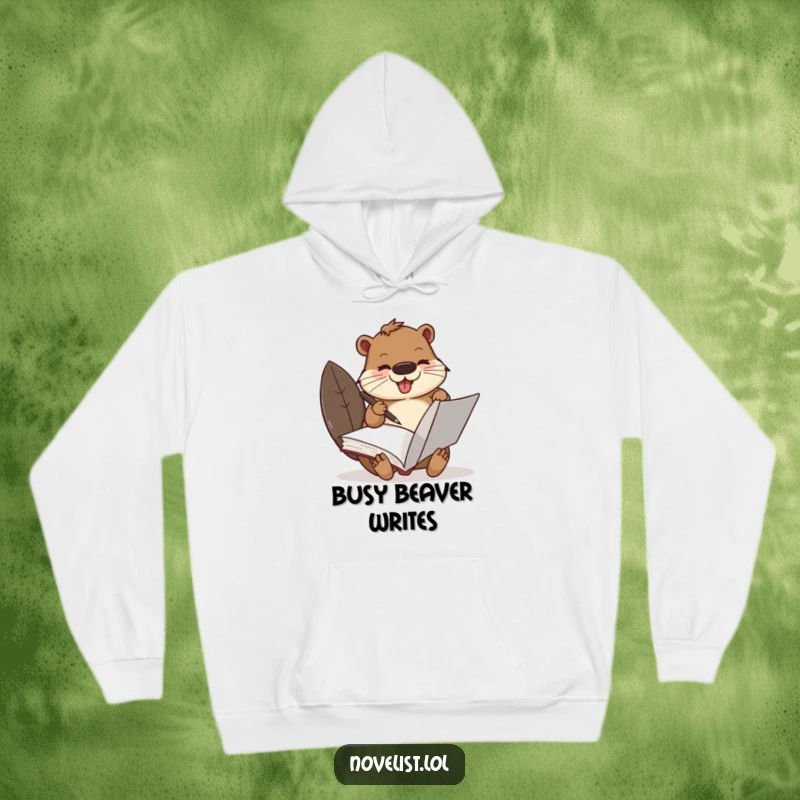 Funny Beaver Hoodie: A busy beaver character excitedly writing with a quill in a large book, radiating focus and humor.