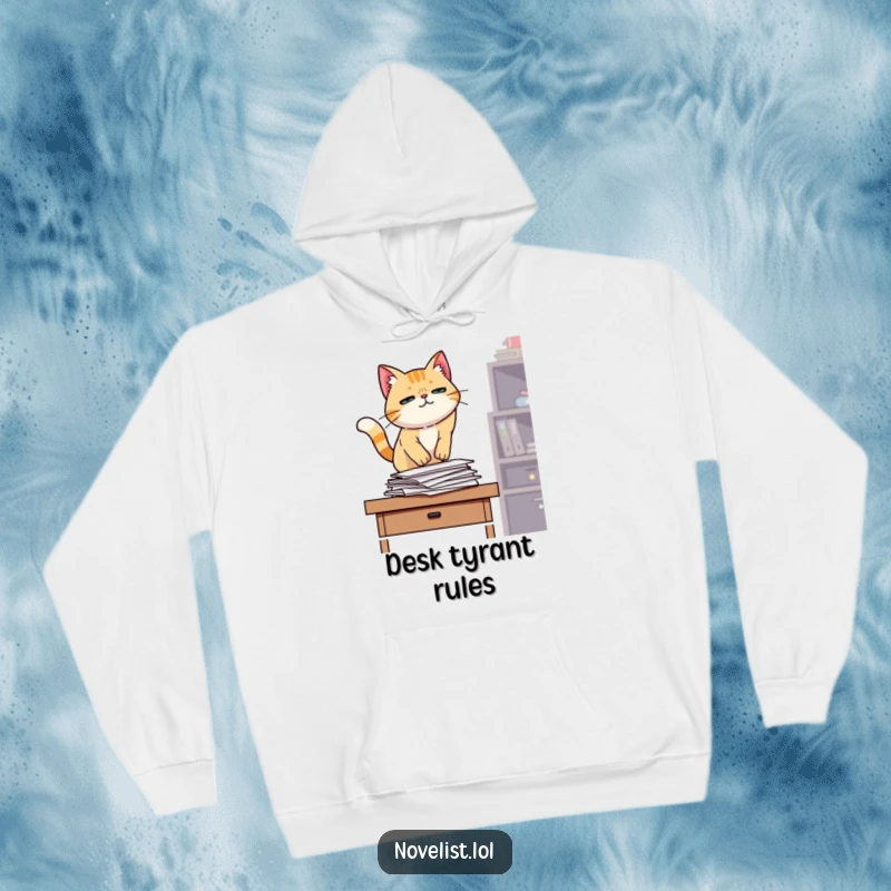 Funny warm hoodie, determined cat jumping onto desk, pile of papers, office invasion, cozy humor for funny gift recipients.