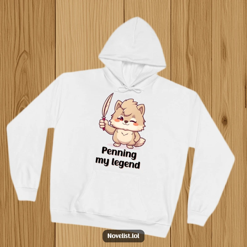 Funny hoodie featuring a confident furry character holding a quill pen, perfect for cozy writing sessions and literary inspiration.