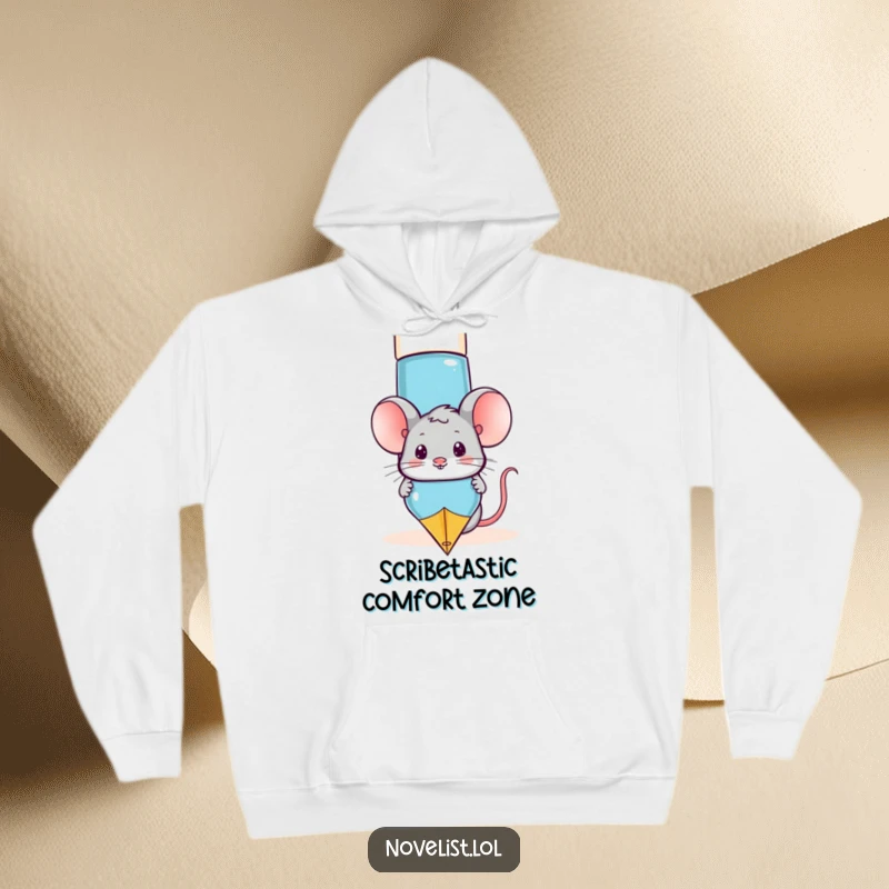 Funny mouse character humorously hiding behind an oversized fountain pen, a cozy and comical hoodie for writers.
