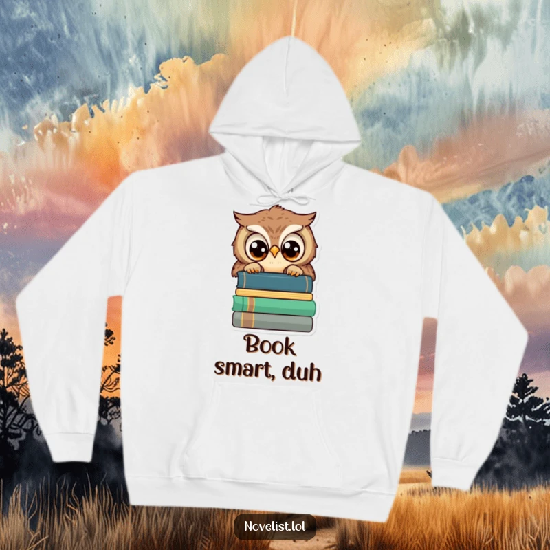 Funny warm hoodie, wise owl peeking over stacked books, wide eyes, cozy and intellectual for funny gift recipients.
